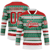 Custom Kelly Green Red-White 3D Christmas Ugly Sweater Hockey Lace Neck Jersey