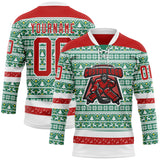 Custom Kelly Green Red-White 3D Christmas Ugly Sweater Hockey Lace Neck Jersey
