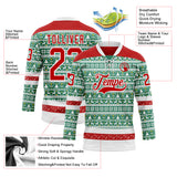 Custom Kelly Green Red-White 3D Christmas Ugly Sweater Hockey Lace Neck Jersey