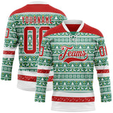 Custom Kelly Green Red-White 3D Christmas Ugly Sweater Hockey Lace Neck Jersey