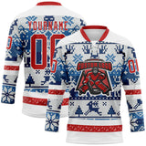 Custom Blue Red-White 3D Christmas Ugly Sweater Hockey Lace Neck Jersey