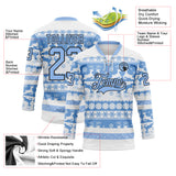 Custom White Light Blue-Black 3D Christmas Ugly Sweater Hockey Lace Neck Jersey