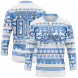 Custom White Light Blue-Black 3D Christmas Ugly Sweater Hockey Lace Neck Jersey