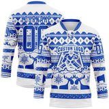 Custom White Thunder Blue-White 3D Christmas Ugly Sweater Hockey Lace Neck Jersey