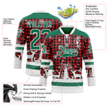Custom Red Kelly Green-White 3D Christmas Plaid Hockey Lace Neck Jersey