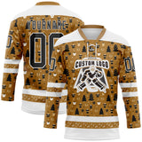 Custom Old Gold Black-White 3D Christmas Hockey Lace Neck Jersey