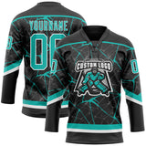 Custom Black Aqua-White 3D Pattern Abstract Network Hockey Lace Neck Jersey