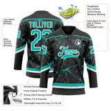 Custom Black Aqua-White 3D Pattern Abstract Network Hockey Lace Neck Jersey