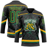 Custom Black Kelly Green-Gold 3D Pattern Abstract Network Hockey Lace Neck Jersey