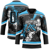 Custom Black Sky Blue-White 3D Splash Art Hockey Lace Neck Jersey