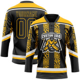 Custom Black Gold-White 3D Pattern Abstract Shape Hockey Lace Neck Jersey