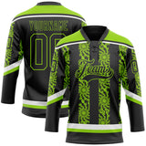 Custom Black Neon Green-White 3D Pattern Abstract Shape Hockey Lace Neck Jersey
