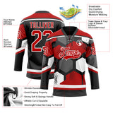 Custom Red Black-White 3D Pattern Geometric Shape Hockey Lace Neck Jersey