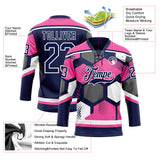 Custom Pink Navy-White 3D Pattern Geometric Shape Hockey Lace Neck Jersey