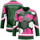 Custom Pink Green-White 3D Pattern Geometric Shape Hockey Lace Neck Jersey