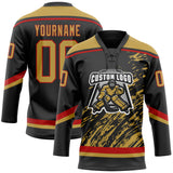 Custom Black Old Gold Red-White 3D Splash Art Hockey Lace Neck Jersey