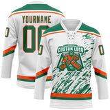 Custom White Kelly Green-Orange 3D Splash Art Hockey Lace Neck Jersey
