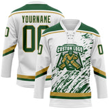 Custom White Green-Old Gold 3D Splash Art Hockey Lace Neck Jersey