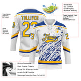 Custom White Gold-Royal 3D Splash Art Hockey Lace Neck Jersey