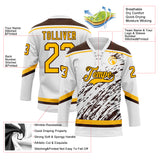 Custom White Gold-Brown 3D Splash Art Hockey Lace Neck Jersey