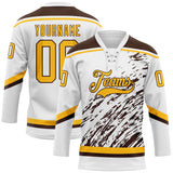Custom White Gold-Brown 3D Splash Art Hockey Lace Neck Jersey