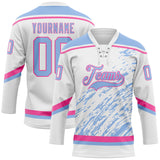 Custom White Light Blue-Pink 3D Splash Art Hockey Lace Neck Jersey