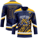 Custom Navy Gold-White 3D Splash Art Hockey Lace Neck Jersey