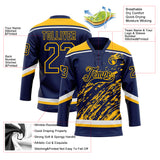 Custom Navy Gold-White 3D Splash Art Hockey Lace Neck Jersey