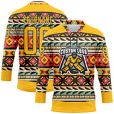 Custom Gold Black 3D Pattern Native Americans Tribal Indigenous People Hockey Lace Neck Jersey