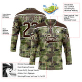 Custom Camo Brown-White 3D Camouflage Pixel Hockey Lace Neck Jersey