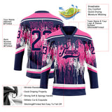 Custom Navy Pink-White 3D Pattern Dripping Splatter Hockey Lace Neck Jersey