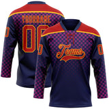 Custom Red Navy-Gold 3D Pattern Abstract Gradient Halftone Hockey Lace Neck Jersey