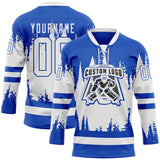 Custom Thunder Blue White 3D Pattern Abstract Splatter Paint Hockey Lace Neck Jersey