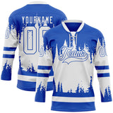 Custom Thunder Blue White 3D Pattern Abstract Splatter Paint Hockey Lace Neck Jersey