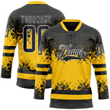 Custom Black Yellow-White 3D Pattern Abstract Splatter Paint Hockey Lace Neck Jersey