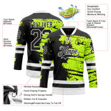 Custom Black Green-White 3D Pattern Abstract Splatter Paint Hockey Lace Neck Jersey