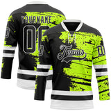 Custom Black Green-White 3D Pattern Abstract Splatter Paint Hockey Lace Neck Jersey