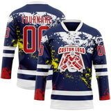 Custom Navy Red Yellow-White 3D Pattern Abstract Splatter Paint Hockey Lace Neck Jersey