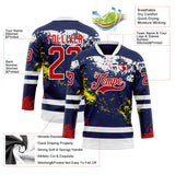 Custom Navy Red Yellow-White 3D Pattern Abstract Splatter Paint Hockey Lace Neck Jersey