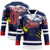 Custom Navy Red Yellow-White 3D Pattern Abstract Splatter Paint Hockey Lace Neck Jersey
