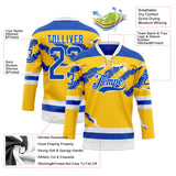 Custom Yellow Thunder Blue-White 3D Pattern Abstract Splatter Paint Torn Paper Style Hockey Lace Neck Jersey