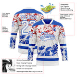 Custom White Thunder Blue-Red 3D Pattern Abstract Splatter Paint Hockey Lace Neck Jersey