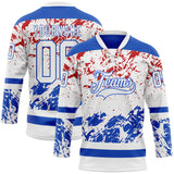 Custom White Thunder Blue-Red 3D Pattern Abstract Splatter Paint Hockey Lace Neck Jersey