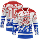 Custom White Red-Thunder Blue 3D Pattern Abstract Splatter Paint Hockey Lace Neck Jersey