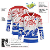 Custom White Red-Thunder Blue 3D Pattern Abstract Splatter Paint Hockey Lace Neck Jersey