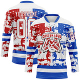 Custom White Thunder Blue-Red 3D Pattern Abstract Splatter Paint Hockey Lace Neck Jersey