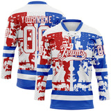 Custom White Thunder Blue-Red 3D Pattern Abstract Splatter Paint Hockey Lace Neck Jersey