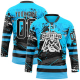Custom Blue Black-White 3D Pattern Abstract Splatter Paint Grunge Hockey Lace Neck Jersey