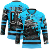 Custom Blue Black-White 3D Pattern Abstract Splatter Paint Grunge Hockey Lace Neck Jersey