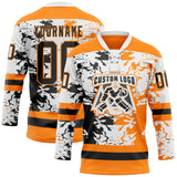 Custom Bay Orange Black-White 3D Pattern Abstract Splatter Paint Hockey Lace Neck Jersey